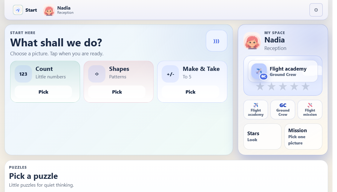 MathsPilot younger learner dashboard for Reception and KS1