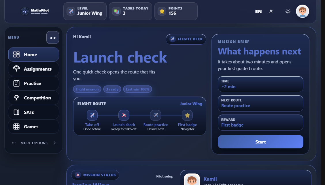 A MathsPilot child dashboard showing level, tasks today, points and the next practice step.