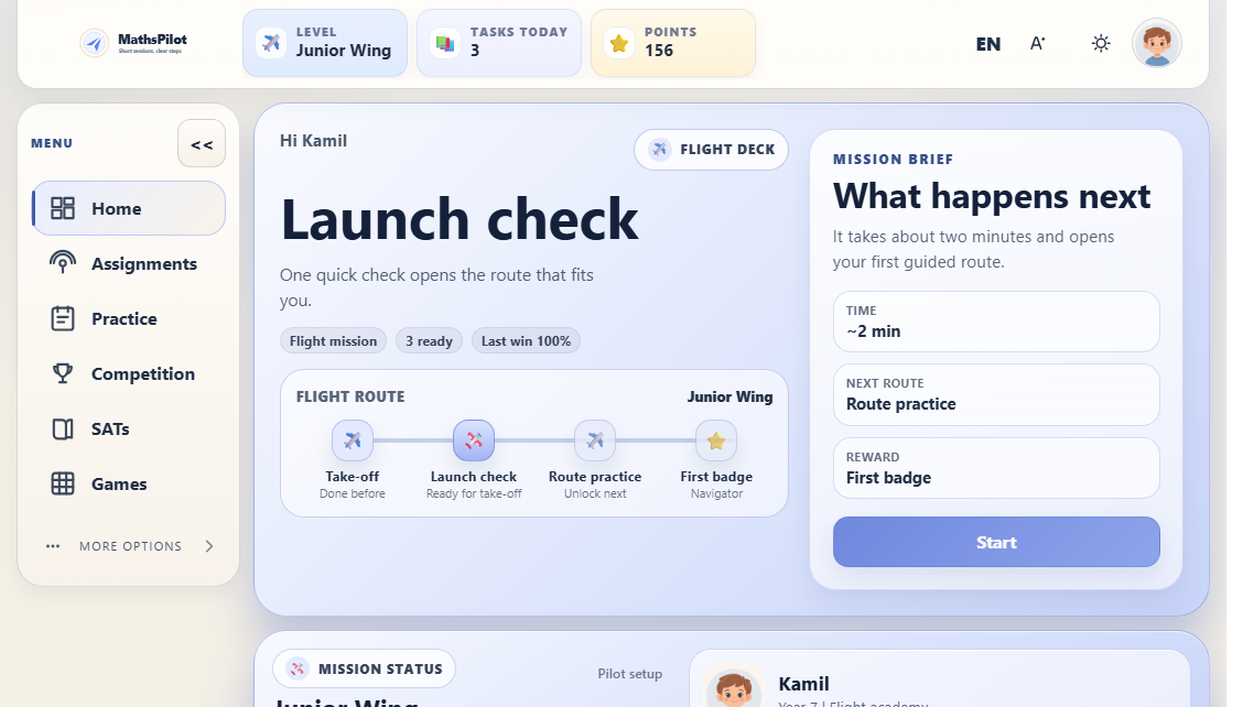 A MathsPilot child dashboard showing level, tasks today, points and the next practice step.