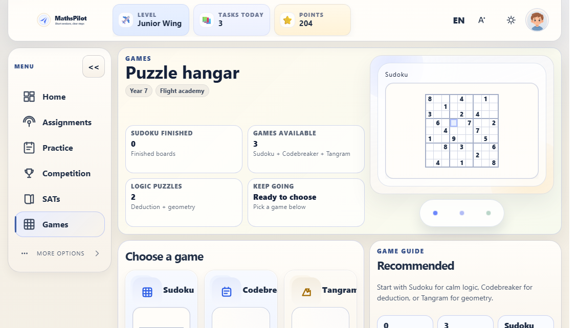 MathsPilot student games dashboard with Sudoku and logic games
