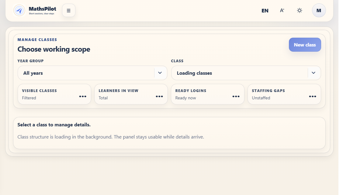MathsPilot school view showing a selected class, roster, logins, teachers and readiness.